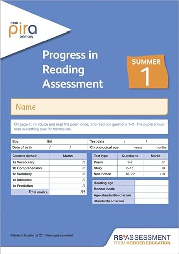 Stock image for New PiRA Test 1, Summer PK10 (Progress in Reading Assessment) for sale by PBShop.store UK