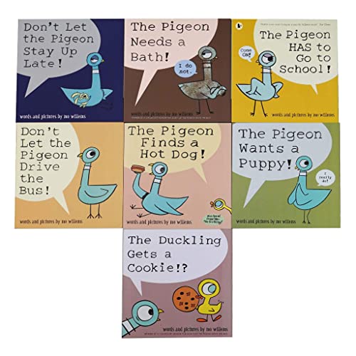 Beispielbild fr Don't Let the Pigeon Series 7 Books Collection Set by Mo Willems (Pigeon Drive the Bus, Stay Up Late, Ducking Gets a Cookie, Finds a Hot Dog, Needs a Bath, Wants a Puppy & Has to Go to School) zum Verkauf von Revaluation Books