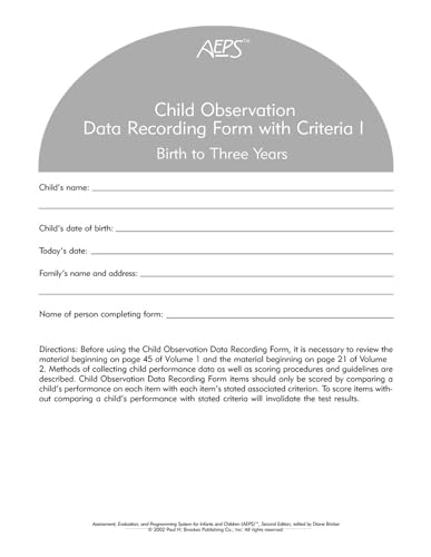 9781557665836: Assessment, Evaluation, and Programming System for Infants and Children (AEPS): Child Observation Data Recording Form I: Birth to Three Years