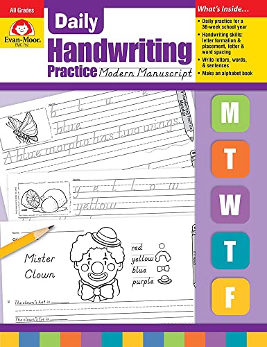 Stock image for Evan-Moor Daily Handwriting Practice Modern Manuscript, Kindergarten-Grade 6, Homeschooling and Classroom Resource Workbook, Penmanship, Writing, Letter Placement, Spacing, Alphabet Synonyms for sale by Dream Books Co.