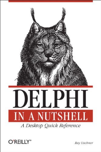 Delphi in a Nutshell. A Desktop Quick Reference.: A Desktop Quick Reference (In a Nutshell (O'Reilly)) von Ray Lischner Delphi is quite rightly reckoned to be one of the best IDEs (Integrated Development Environments), and ideal for rapid program development thanks to its use of VCL. The Nutshell series are information-dense reference titles, and Delphi In A Nutshell doesn't disappoint. After a fast tour of Delphi's version of the Pascal language and the files and forms used in the Delphi IDE you get an overview of object oriented programming as it relates to Delphi. There's coverage of of Delphi usage including scheduling, thread synchronisation and so on, then it's on to the language itself. Each language element is named, its syntax and a description with any gotchas noted. There's a tips and tricks section followed by example usage and pointers to related material. This is a lot to pack in for every Delphi language element. One consequence is the need to limit the examples, which i - Ray Lischner