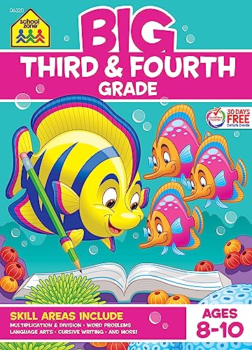 Stock image for School Zone - Big Third Fourth Grade Workbook - 320 Pages, Ages 8-10, Multiplication Division, Word Problems, Geography, Language Arts, Cursive Writing, and More (School Zone Big Workbook Series) for sale by Goodwill San Antonio