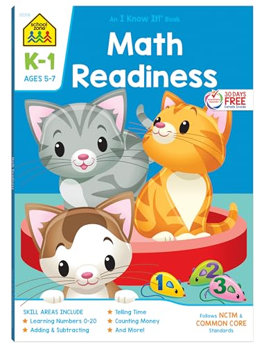 Imagen de archivo de School Zone - Math Readiness Workbook - 64 Pages, Ages 5 to 7, Kindergarten to First Grade, Telling Time, Counting Money, Addition, Subtraction, and More (School Zone I Know It!® Workbook Series) a la venta por Orion Tech