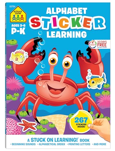 Stock image for School Zone - Alphabet Stickers Workbook - 64 Pages, Ages 3 to 6, Preschool to Kindergarten, 267 Stickers, ABCs, Printing Letters, Phonics, and More (School Zone Stuck on Learning® Book Series) for sale by Reliant Bookstore
