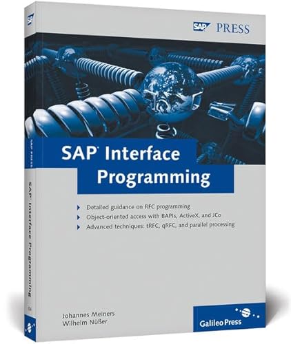 Beispielbild fr SAP Interface Programming: A comprehensive reference for RFC, BAPIs, ActiveX and JCo programming.Techniques: tRFC, qRFC, and parallel processing [Gebundene Ausgabe] tools error diagnosis developers Business Objects Java Connector troubleshooting Johannes Meiners Wilhelm Ner With a strong focus on the RFC Library, this book gives beginners a first-hand introduction to basic concepts, and highlights key tools in the ABAP Workbench. Actual programming examples help to illustrate client-server architecture, and show you how to assess the appropriate tools for error diagnosis, troubleshooting and more. Experienced SAP developers can dive right into comprehensive chapters on programming the RFC interface, and advanced techniques such as tRFC, qRFC, and parallel processing. Extensive coverage of BAPIs, ActiveX, JCo and highly-detailed programming examples serve to round out this exceptional resource. Highlights include- ABAP Workbench tools - Developing client/server applications - In-depth zum Verkauf von BUCHSERVICE / ANTIQUARIAT Lars Lutzer