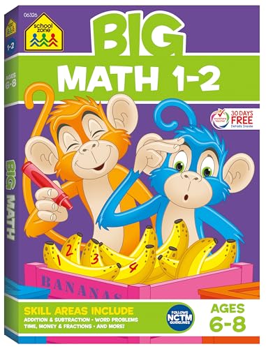 Imagen de archivo de School Zone - Big Math 1-2 Workbook - 320 Pages, Ages 6 to 8, 1st Grade, 2nd Grade, Addition, Subtraction, Word Problems, Time, Money, Fractions, and More (School Zone Big Workbook Series) a la venta por Red's Corner LLC