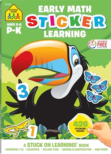 Imagen de archivo de School Zone - Math Stickers Workbook - 64 Pages, Ages 3 to 6, Preschool to Kindergarten, 426 Stickers, Counting, Numbers 1-12, Telling Time, and More (School Zone Stuck on Learning Book Series) a la venta por Orion Tech