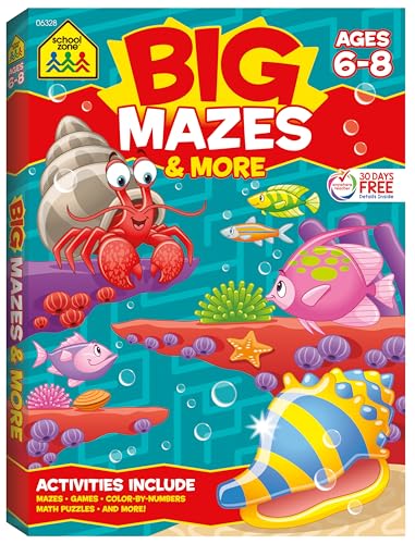 9781601592576: School Zone - Big Mazes & More Workbook - 320 Pages, Ages 6 to 8, 1st Grade, 2nd Grade, Learning Activities, Math Puzzles, Games, Color By Numbers, and More (School Zone Big Workbook Series)