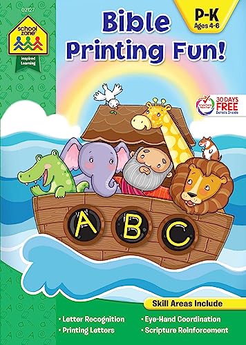 Stock image for School Zone - Bible Printing Fun! Workbook - Ages, 4 to 6, Preschool to Kindergarten, Christian Scripture, Old & New Testament, Letter Recognition, and More (Inspired Learning Workbook) for sale by Ergodebooks