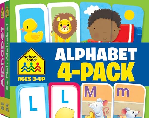 Stock image for School Zone - Alphabet 4-Pack Flash Cards - Ages 3+, Preschool, Kindergarten, Go Fish Alphabet, Three-Letter Words, Alphabet Match, Lowercase & Uppercase Letters, Letter-Picture Recognition, and More for sale by Lakeside Books