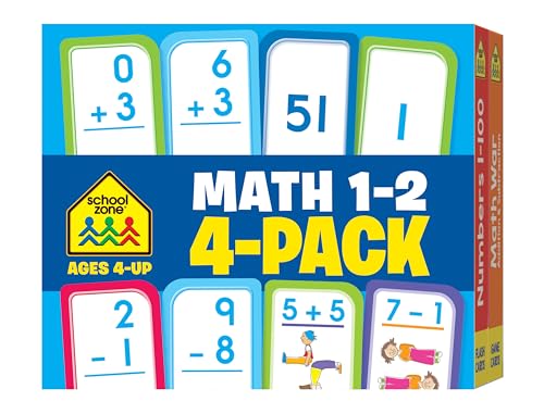Stock image for School Zone - Math 1-2 4-Pack Flash Cards - Ages 4+, 1st Grade, 2nd Grade, Addition 0-12, Subtraction 0-12, Numbers 1-100, Math War Addition & Subtraction, Numerical Order, Counting, and More for sale by Lakeside Books