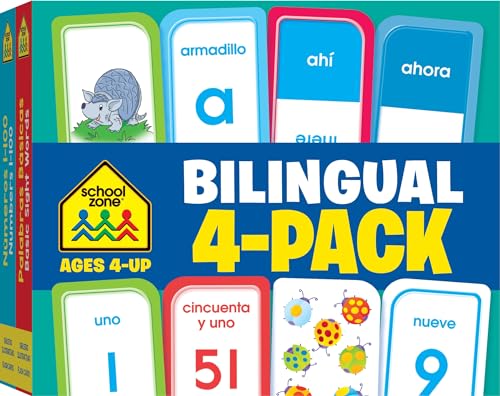 Stock image for School Zone - Bilingual Spanish/English 4-Pack Flash Cards - Ages 4+, Preschool, Kindergarten, Alphabet, ABCs, Basic Sight Words, Numbers 1-100, Colors, Shapes, ESL, Language Immersion, and More for sale by Lakeside Books