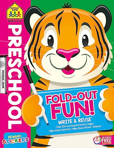 Stock image for School Zone - Preschool Fold-Out Fun! Write & Reuse Workbook - 240 Pages, Ages 3 to 5, Wipe-Clean Activities, Tracing Letters & Numbers, Colors, Shapes, Counting, Early Math, Stickers, and More for sale by Austin Goodwill 1101