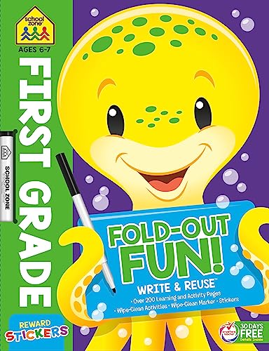 9781601599551: School Zone - First Grade Fold-Out Fun! Write & Reuse Workbook - 240 Pages, Ages 6 to 7, Wipe-Clean Activities, Beginning Phonics, Logic Puzzles, Reading Comprehension, Basic Math, Stickers, and More