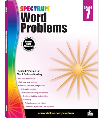 Stock image for Spectrum 7th Grade Math Word Problems Workbook, Ages 12 to 13, Grade 7 Math Word Problems, Percent and Statistics, Perimeter, Area and Volume, and Geometry Workbook - 128 Pages for sale by Goodwill