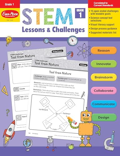 Stock image for Evan-Moor Stem Lessons and Challenges, Grade 1 Homeschooling & Classroom Resource Workbook, Life, Earth and Physical Science Problem Solving, Peer Collaboration, Real-World, Visual Literacy, Printable for sale by BooksRun
