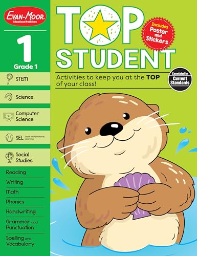 Imagen de archivo de Evan-Moor Top Student, Grade 1 Workbook, 352 pages, Stickers, Poster, Handwriting, Reading, Writing, Spelling, Vocabulary, Phonics, Math, Science, STEM, SEL, Computer Science, Social Studies a la venta por Books Unplugged