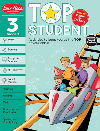 Imagen de archivo de Evan-Moor Top Student, Grade 3 Workbook, 352 pages, Stickers, Poster, Reading, Writing, Spelling, Vocabulary, Phonics, Math, Science, STEM, SEL, Computer Science, Social Studies, Geography, Homeschool a la venta por KuleliBooks