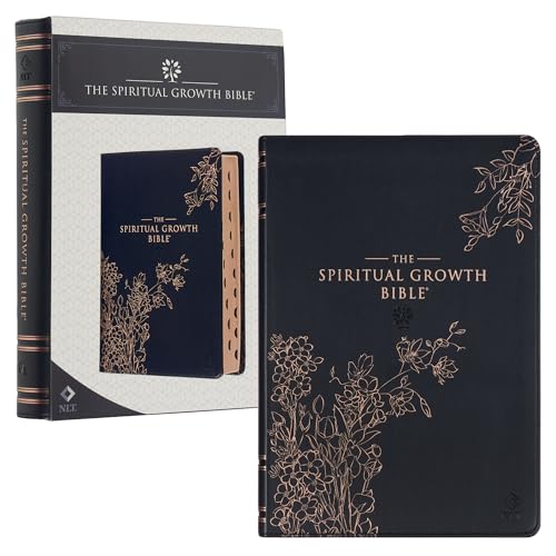 Stock image for The Spiritual Growth Bible, Study Bible, NLT - New Living Translation Holy Bible, Faux Leather, Black Rose Gold Debossed Floral for sale by Lakeside Books