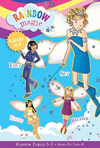 Stock image for Rainbow Magic Rainbow Fairies: Books #5-7 with Special Pet Fairies Book #1: Sky the Blue Fairy, Inky the Indigo Fairy, Heather the Violet Fairy, Katie the Kitten Fairy for sale by HPB Inc.