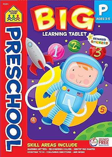 Stock image for School Zone - Preschool Big Learning Tablet Workbook - 240 Pages, Ages 3 to 5, Stickers, Letters, Colors, Shapes, Counting to 10, and More (Easy-Tear Top Bound Workbook) for sale by HPB-Ruby