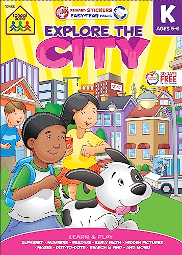 Beispielbild fr School Zone - Explore the City Kindergarten Learning Workbook - 240 Pages, Ages 5 to 6, Stickers, Alphabet, ABCs, Search Find, and More (Easy-Tear Top Bound Pad) zum Verkauf von Goodwill of Colorado