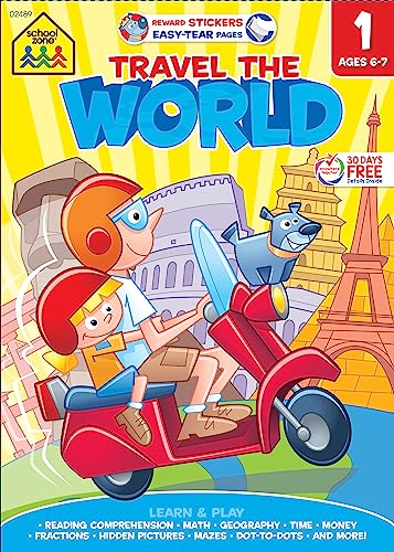 Stock image for School Zone - Travel the World 1st Grade Learning Workbook - 240 Pages, Ages 6 to 7, Stickers, Beginning and Ending Letters, Geography, Culture, and More (Easy-Tear Top Bound Pad) (Learning Tablets) for sale by ThriftBooks-Dallas
