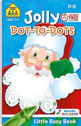 Stock image for School Zone - Jolly Dot-to-Dots Workbook - Ages 3 to 6, Preschool, Kindergarten, Holiday, Christmas, Connect the Dots, Numbers, Stickers, and More (Jolly Workbooks Little Busy Book) for sale by Goodwill
