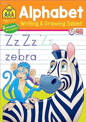 Stock image for School Zone - Alphabet Writing & Drawing Tablet Workbook - 96 Pages, Ages 3 to 7, Preschool, Kindergarten, 1st Grade, Ruled Lined Paper, Letters, Tracing, Stickers, and More (Easy-Tear Top Bound Pad) for sale by Orion Tech