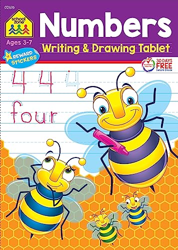 Stock image for School Zone - Numbers Writing & Drawing Tablet Workbook - 96 Pages, Ages 3 to 7, Preschool, Kindergarten, 1st Grade, Ruled Lined Paper, Tracing, Counting, Stickers, and More (Easy-Tear Top Bound Pad) for sale by SecondSale