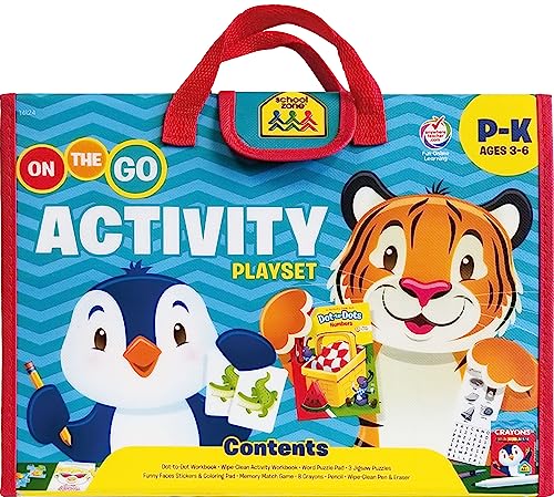 Stock image for School Zone - On The Go Activity Learning Playset - Ages 3-6, Preschool, Kindergarten, Workbooks, Flash Cards, Cut Paste, Tracing, Mazes, Search Find, Carrying Case, Pencil Wipe-Clean Marker for sale by BookShop4U