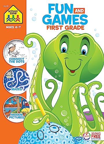 Beispielbild fr School Zone - Fun and Games First Grade Activity Workbook - 320 Pages, Ages 6 to 8, Hidden Pictures, Mazes, Dot-to-Dots, Coloring, Codes, What's Different, and More (School Zone Big Workbook Series) zum Verkauf von BooksRun