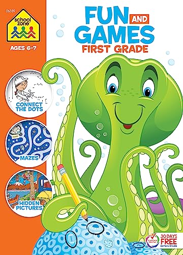 Stock image for School Zone - Fun and Games First Grade Activity Workbook - 320 Pages, Ages 6 to 8, Hidden Pictures, Mazes, Dot-to-Dots, Coloring, Codes, What's Different, and More (School Zone Big Workbook Series) for sale by BooksRun