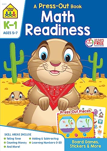 Stock image for School Zone - Math Readiness Press-Out Workbook - 64 Pages, Ages 5 to 7, Kindergarten to 1st Grade, Manipulatives, Board Games, Telling Time, Numbers 0-20, Counting Money, Stickers, and More for sale by GF Books, Inc.