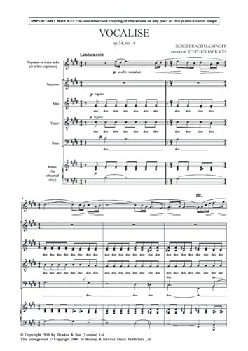 9781784547615: Vocalise: op. 34, No. 14. soprano or tenor and mixed choir (SATB divisi) a cappella. Partition de chœur.
