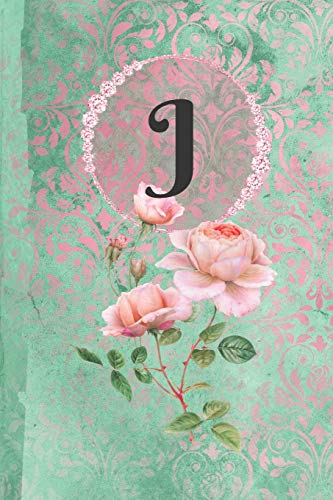 9781792154065: Personalized Monogrammed Letter J Journal: White Paper with Green and Pink Damask Lace with Roses on Glossy Cover