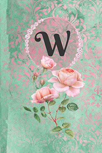 9781792155697: Personalized Monogrammed Letter W Journal: White Paper with Green and Pink Damask Lace with Roses on Glossy Cover