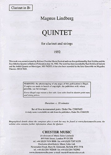 9781844492886: Magnus Lindberg: Quintet for Clarinet and Strings (Parts)