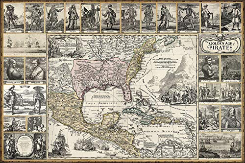 9781888216196: Pirate Map Poster - Golden Age of Pirates vintage art historic map. Blackbeard, skeleton flag, women, swords, ships, treasure, battles, Caribbean. 24"x36"