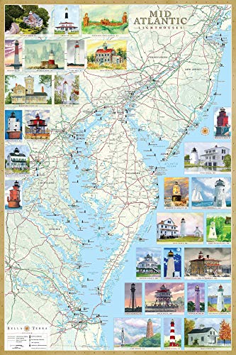 Imagen de archivo de Mid-Atlantic Lighthouses: Illustrated Map & Guide Laminated Poster - New Jersey, Southeast Pennsylvania, Delaware, Maryland & Virginia a la venta por Irish Booksellers