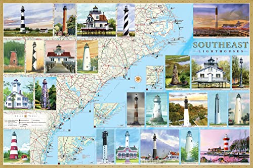 Stock image for Southeast Lighthouses Illustrated Map & Guide Laminated Poster: North Carolina, South Carolina & Georgia for sale by Books Unplugged