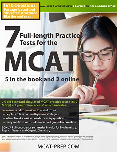 Stock image for 7 Full-length MCAT Practice Tests: 5 in the Book and 2 Online: 1610 MCAT Practice Questions based on the AAMC Format for sale by Zoom Books Company