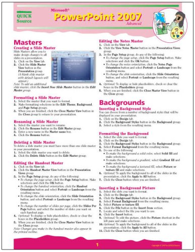 Beispielbild fr Microsoft PowerPoint 2007 Advanced Quick Source Reference Guide zum Verkauf von Wonder Book