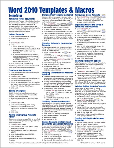 Imagen de archivo de Microsoft Word 2010 Templates & Macros Quick Reference Guide (Cheat Sheet of Instructions, Tips & Shortcuts - Laminated Card) a la venta por Books Unplugged
