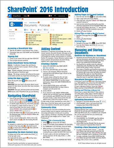 Beispielbild fr Microsoft SharePoint 2016 Introduction Quick Reference Guide - Windows Version (Cheat Sheet of Instructions & Tips - Laminated Card) zum Verkauf von Ergodebooks