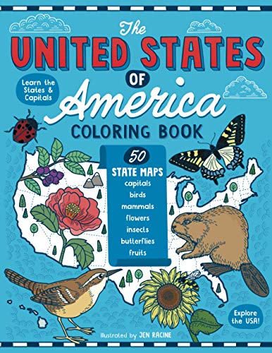 Imagen de archivo de The United States of America Coloring Book: Fifty State Maps with Capitals and Symbols like Motto, Bird, Mammal, Flower, Insect, Butterfly or Fruit a la venta por BooksRun