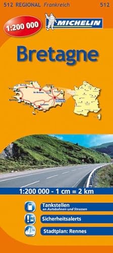 Bretagne: Regionalkarte. Tankstellen an Autobahnen und Strassen, Blitzer, Stadtplan: Rennes (Michelin Regionalkarte)