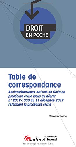 Stock image for Table de correspondance: Anciens/Nouveaux articles du Code de procdure civile issus du dcret n 2019-1333 du 11 dcembre 2019 rformant la for sale by Ammareal