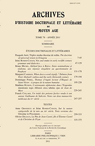 9782711624157: Archives d'Histoire litteraire et doctrinale du Moyen-Age LXXVIII - 2011: 78 (Archives D'histoire Doctrinale Et Litteraire Du Moyen-age)