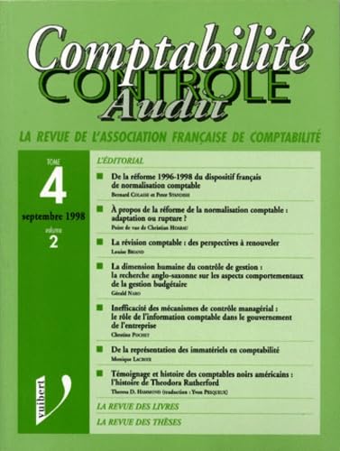 9782711734078: Comptabilite Controle Audit La Revue De L'Association Francaise De Comptabilite Tome 4 Volume 2 Septembre 1998.